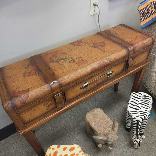 Vintage Style World Map Luggage Trunk Side Table