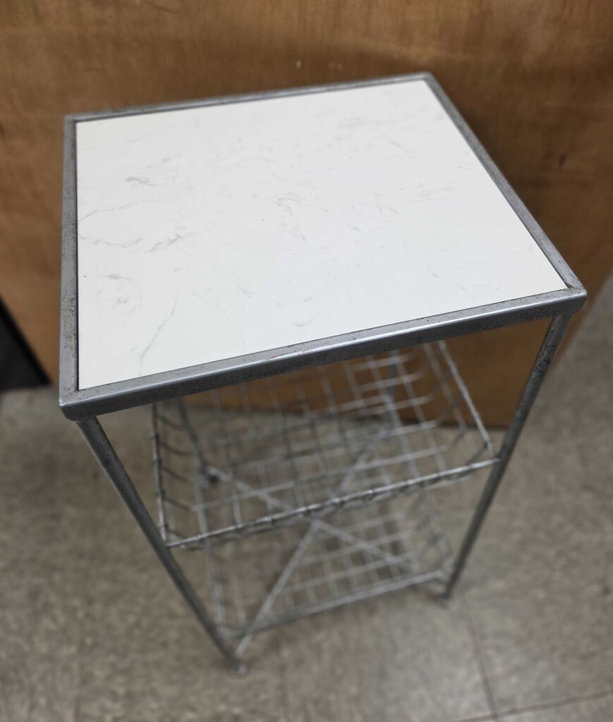 Industrial Style Side Table with Marble Top and Two Metal Baskets