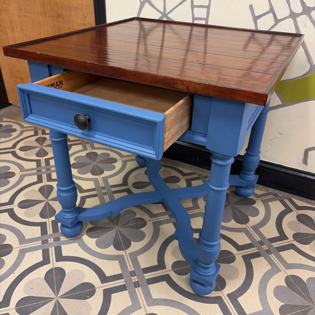 Hekman Vintage Knotty Square Pine Rustic European Style Accent Tables, with Blue Base