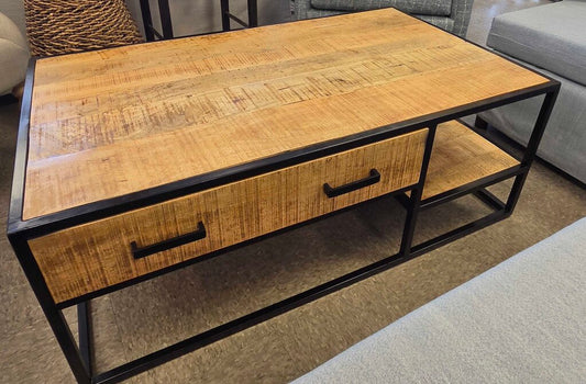 Solid Wood 2-Drawer Industrial Coffee Table with Black Metal Frame
