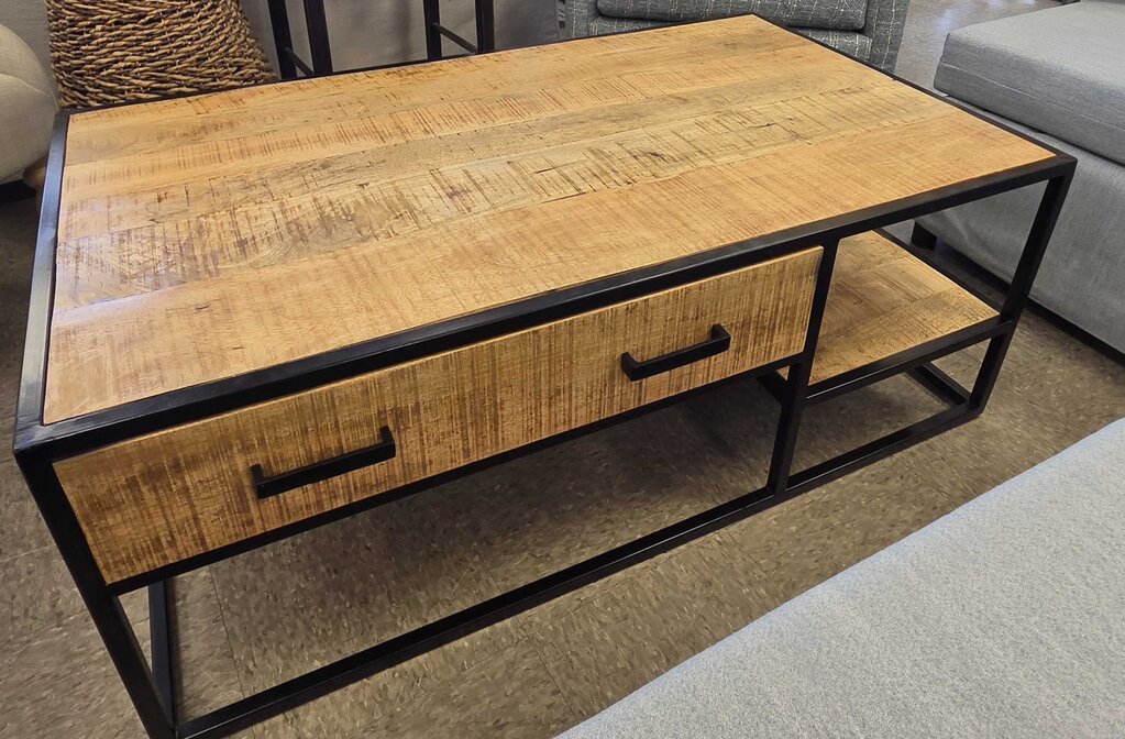 Solid Wood 2-Drawer Industrial Coffee Table with Black Metal Frame