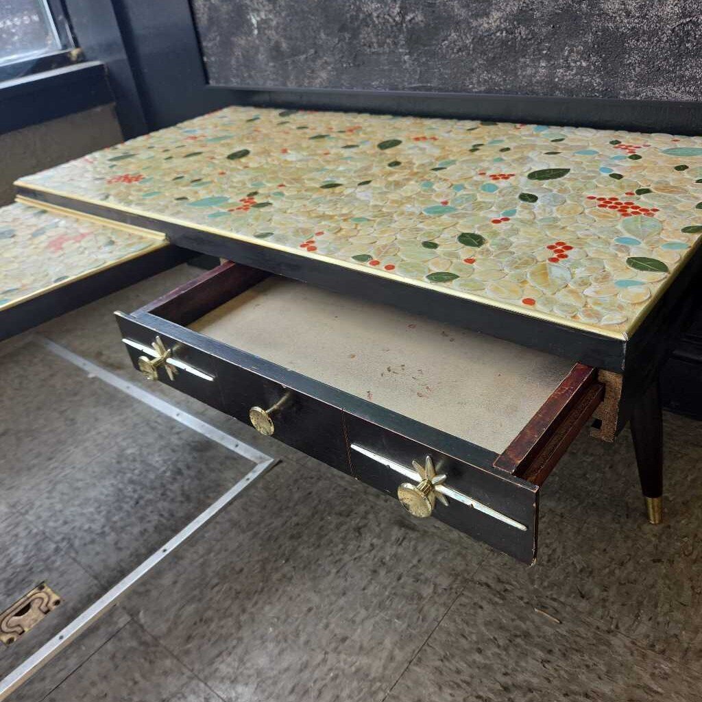 Mid-Century Boomerang Tile Top Coffee Table with Single Drawer and Brass Accents