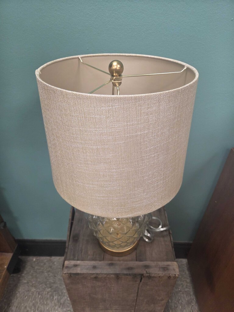 Glass Pineapple Table Lamp with Brass Accents and Linen Shade