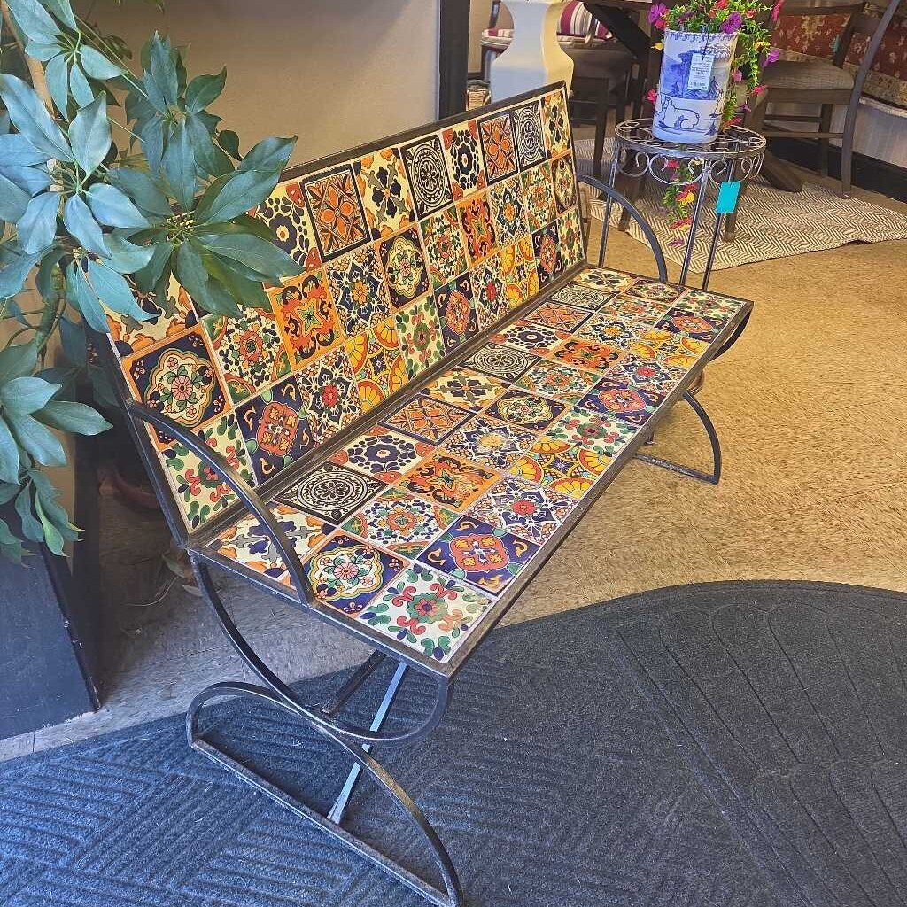 Wrought Iron Garden Bench with Talavera Style Ceramic Tile Inlay