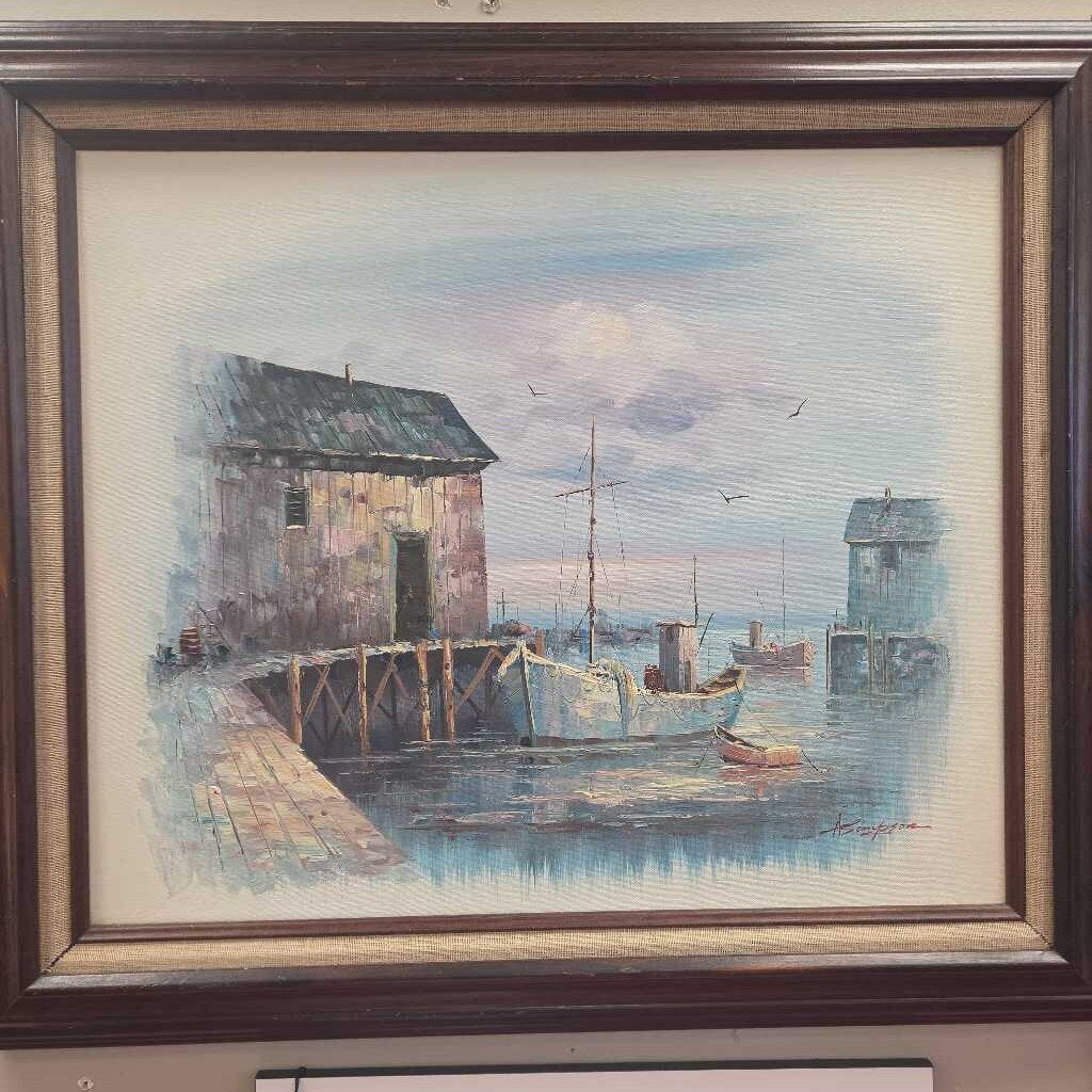 Nautical Boat House Dock Signed Oil on Canvas by A. Simpson