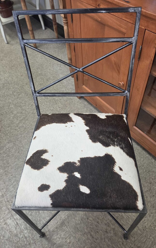 Wrought Iron Dining Chair with Cowhide Style Upholstered Seat