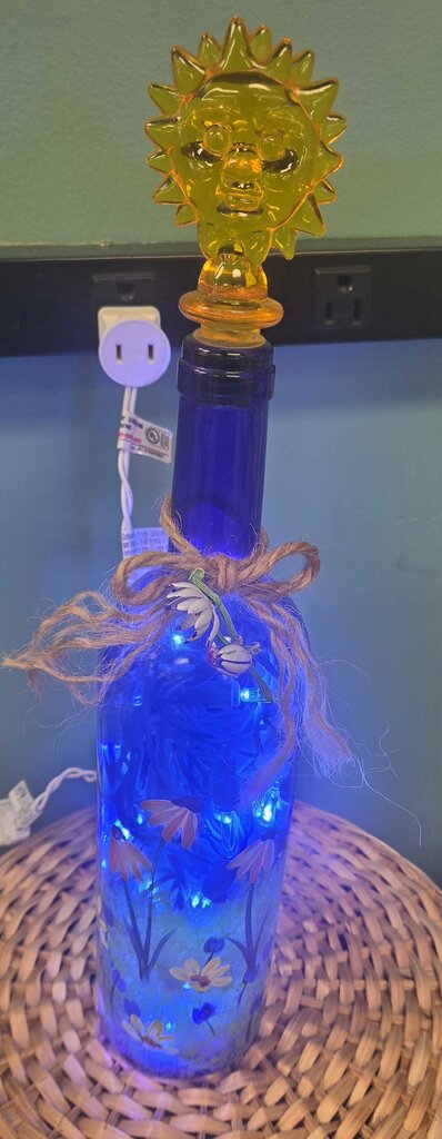 Hand Painted Blue Glass Bottle with Sun Stopper and Fairy Lights