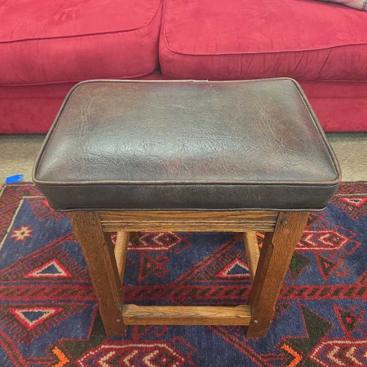 Mission Style Oak Stool with Leather Upholstery (4 Available)