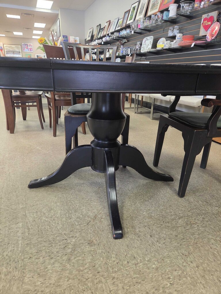 Dark Wood Dining Table with Pedestal Base & 4 Cushioned Chairs - Hand Painted Canvas Top