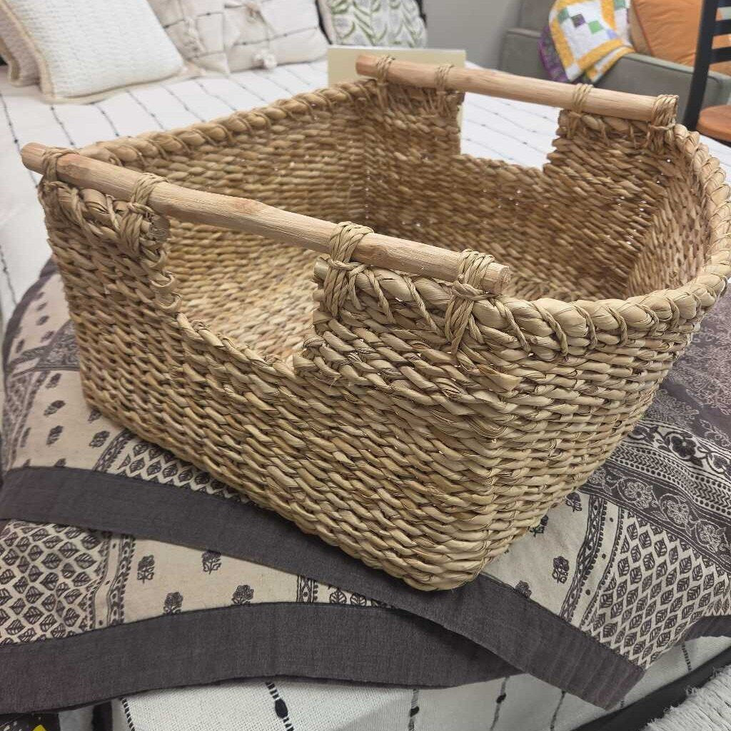 Rectangular Hand Woven Hyacinth Storage Basket w/Wood Handles