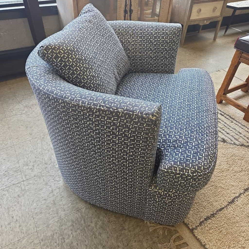Blue and White Patterned Swivel Barrel Chair