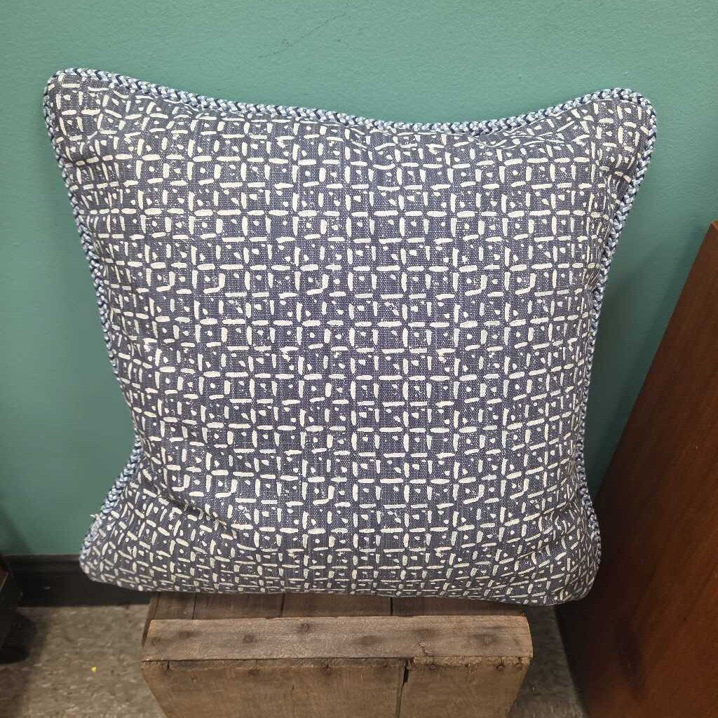 Blue and White Patterned Down Accent Pillow with Braided Trim