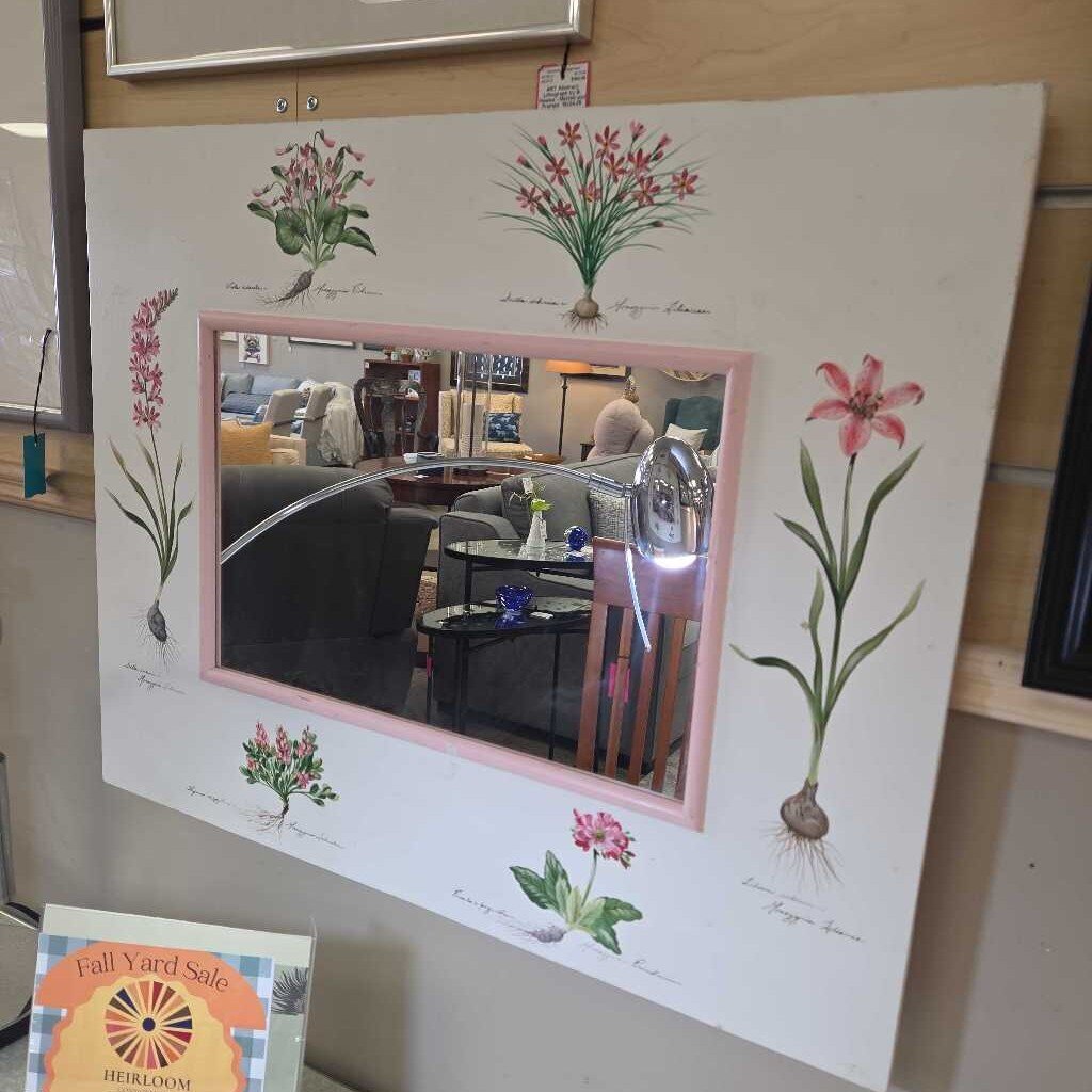 Rectangular Wood Frame Mirror with Hand Painted Botanicals Motif