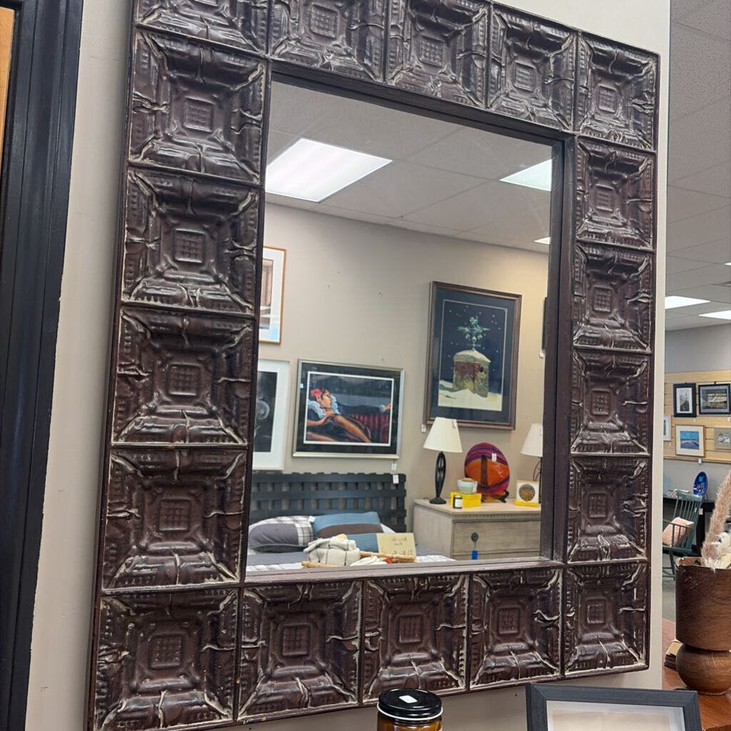 Vintage Tin Ceiling Tile Framed Mirror with Rustic Brown Petina