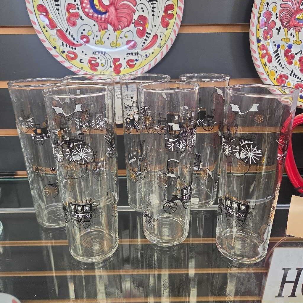 Libbey Glass High Ball Glasses with Horse and Buggy Design - Set of 7
