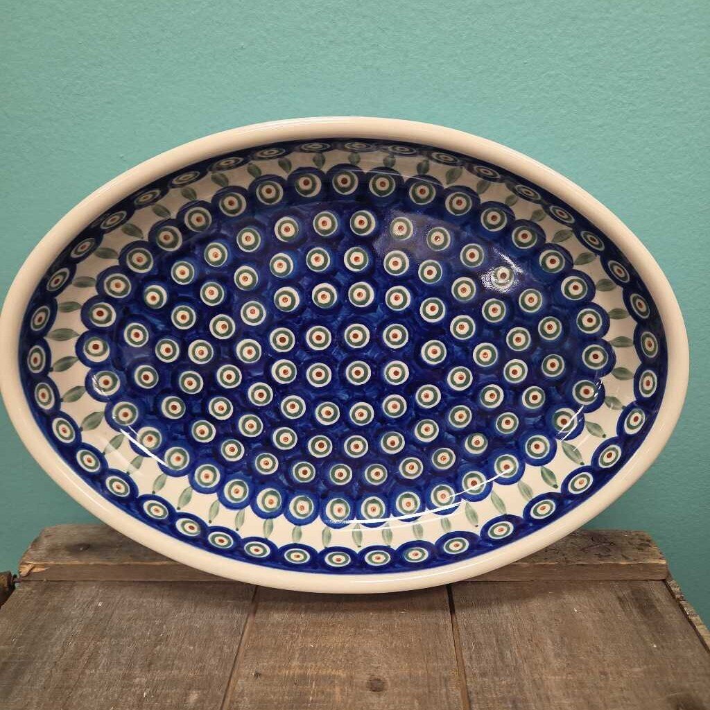 Boleslawiec Polish Pottery Stoneware Oval Casserole Dish - Peacock Pattern