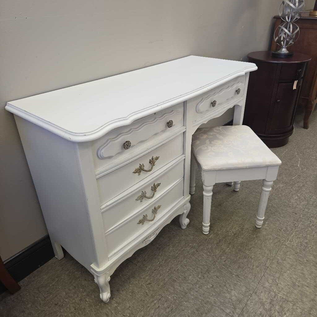 French Provincial Style Solid Wood Vanity with Matching Upholstered Stool