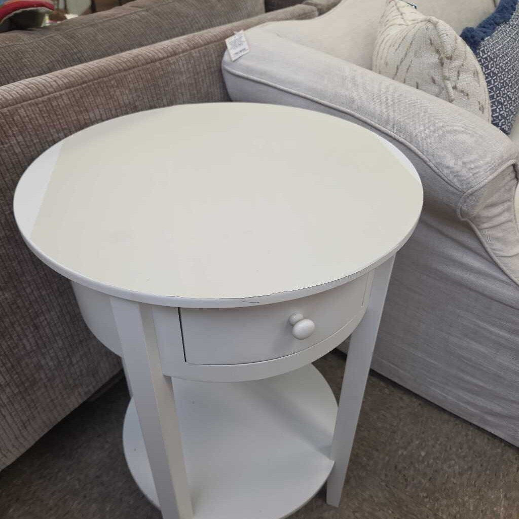 Round White Single-Drawer Accent Table w/Lower Shelf