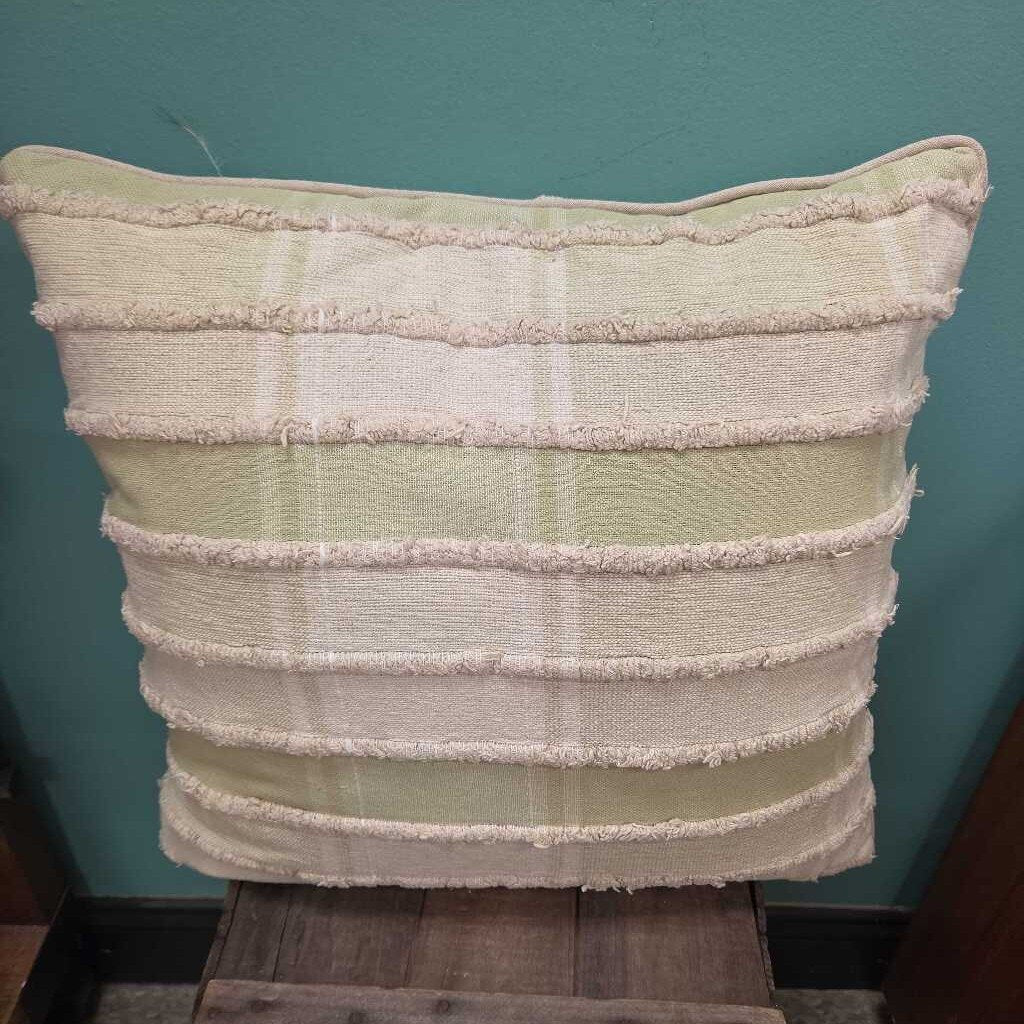 Green & Ivory Striped Down Filled Throw Pillow with Frayed Edge Details (2 Available)