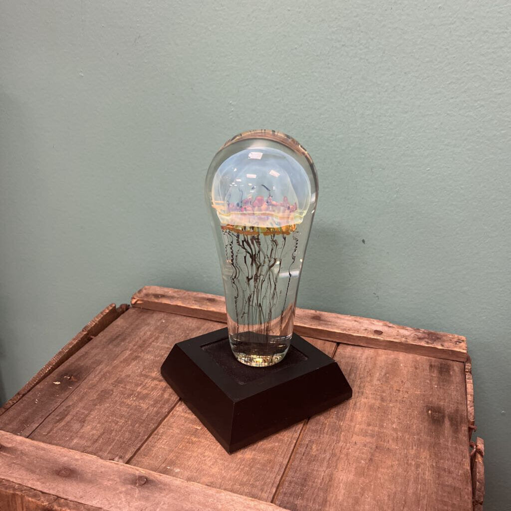 Richard Satava Signed Glass Jellyfish Paperweight Sculpture w/ base