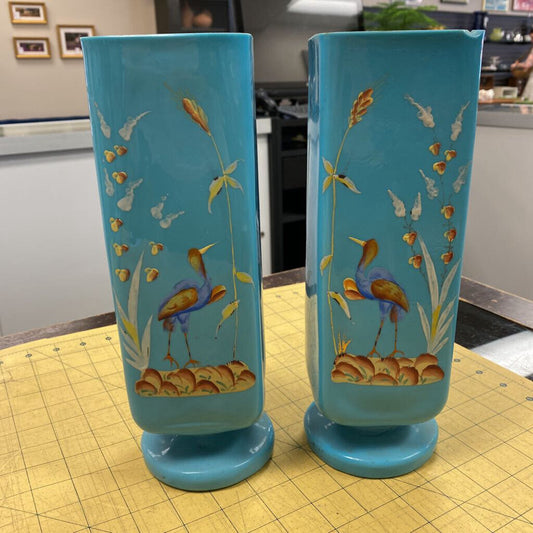 Pair Opaline Glass/Enamel Vases