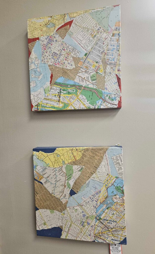 Original Decoupage Stretched on Canvas New York City Map Set of 2