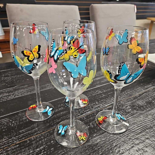 Hand Painted Butterfly Wine Glasses Set of 4