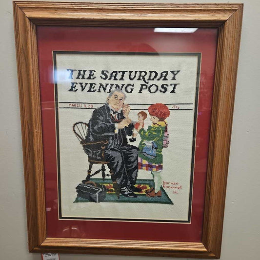 1970s Custom Needlepoint Norman Rockwell "Doctor and Doll"