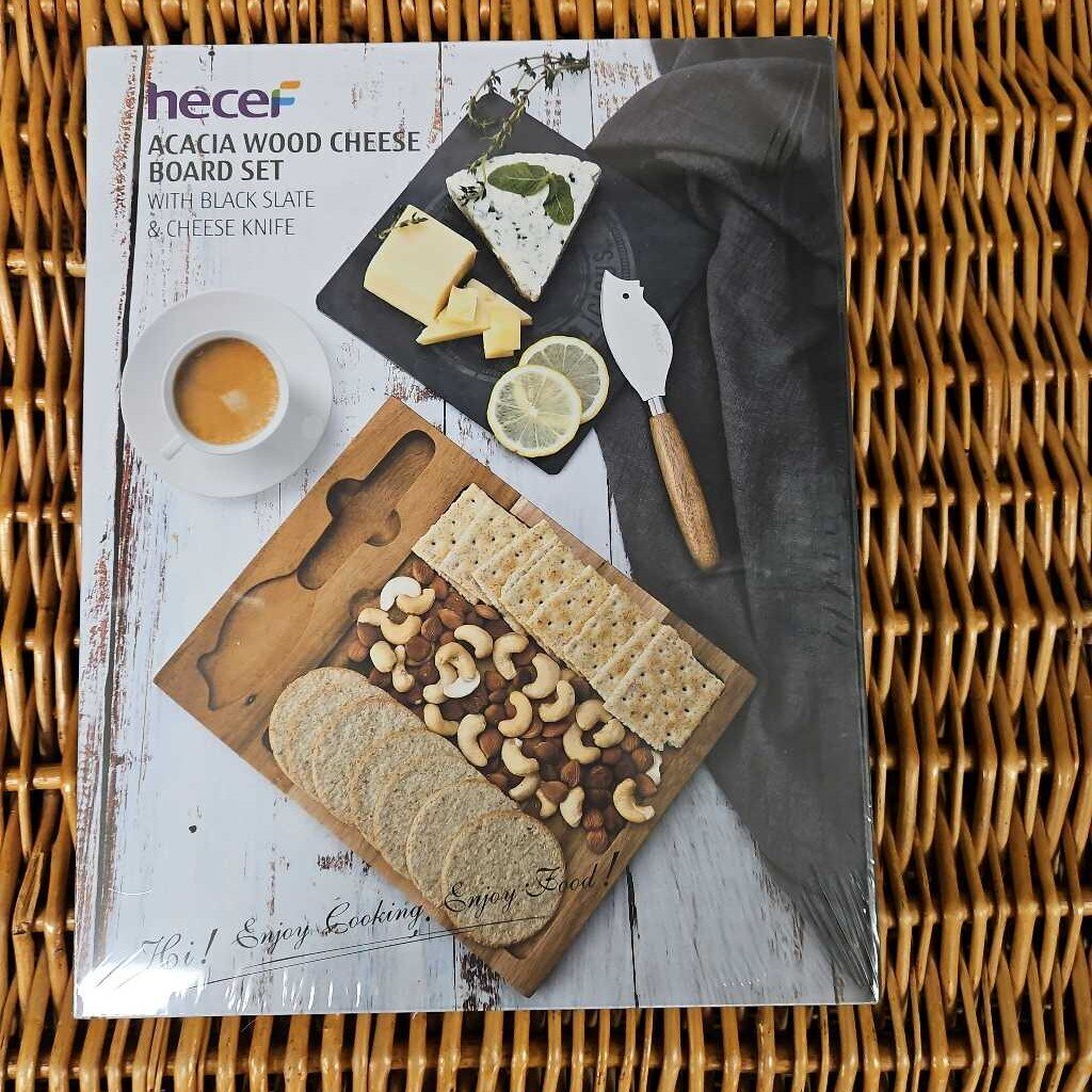 Hecef Acacia Wood Cheese Board Set w/Black Slate & Cheese Knife