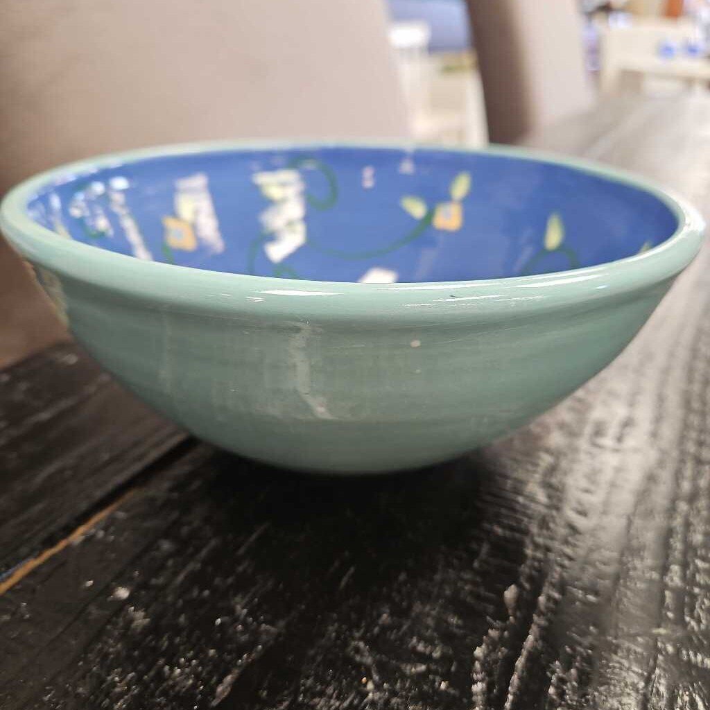 Medium Blue Bowl with Flowers by Lacey Pottery