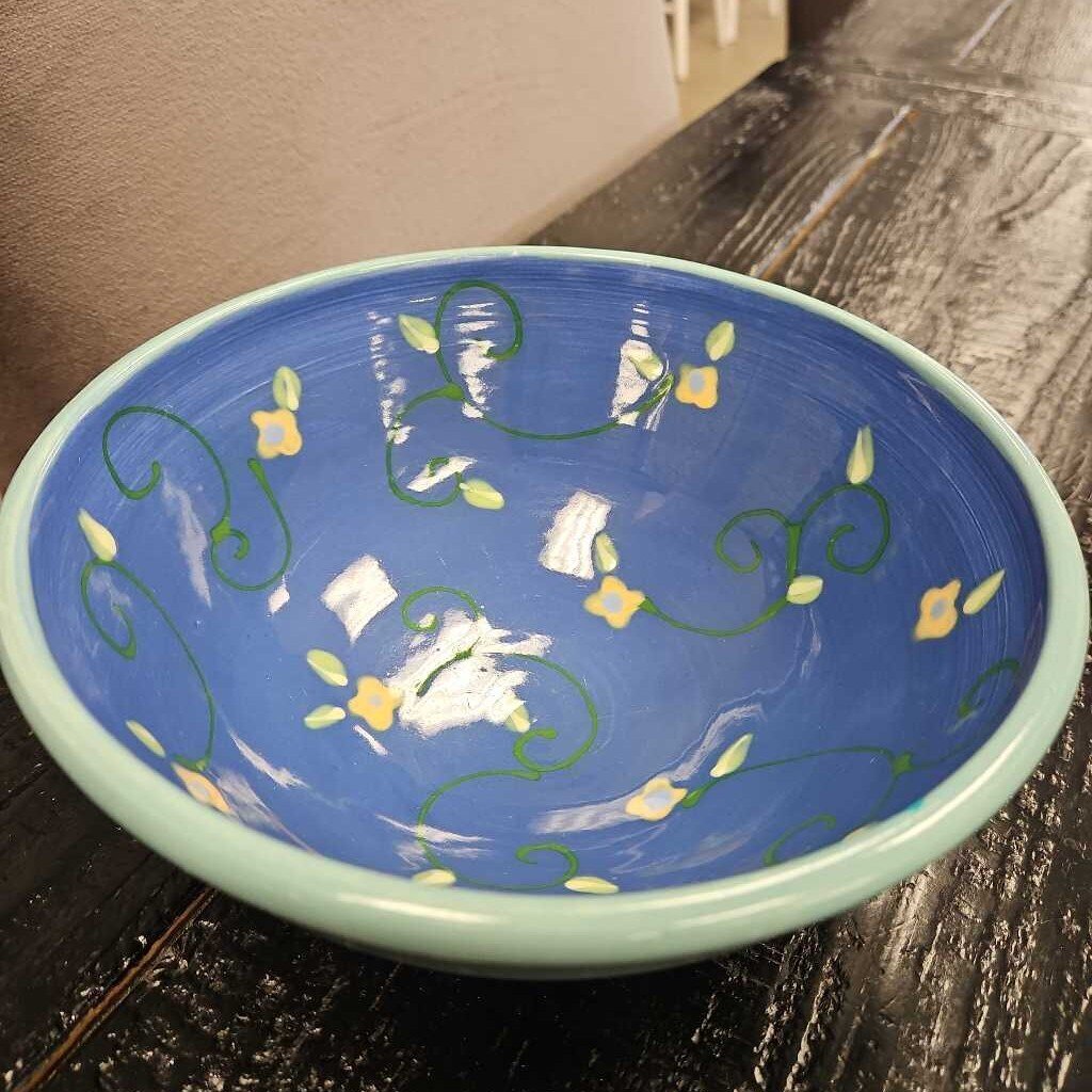 Medium Blue Bowl with Flowers by Lacey Pottery