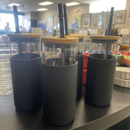 Glass Tumbler with Black Protective Sleeve, set of 4