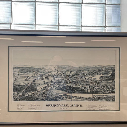 Vintage Black and White Bird's-eye view Map of Springvale, ME, Framed