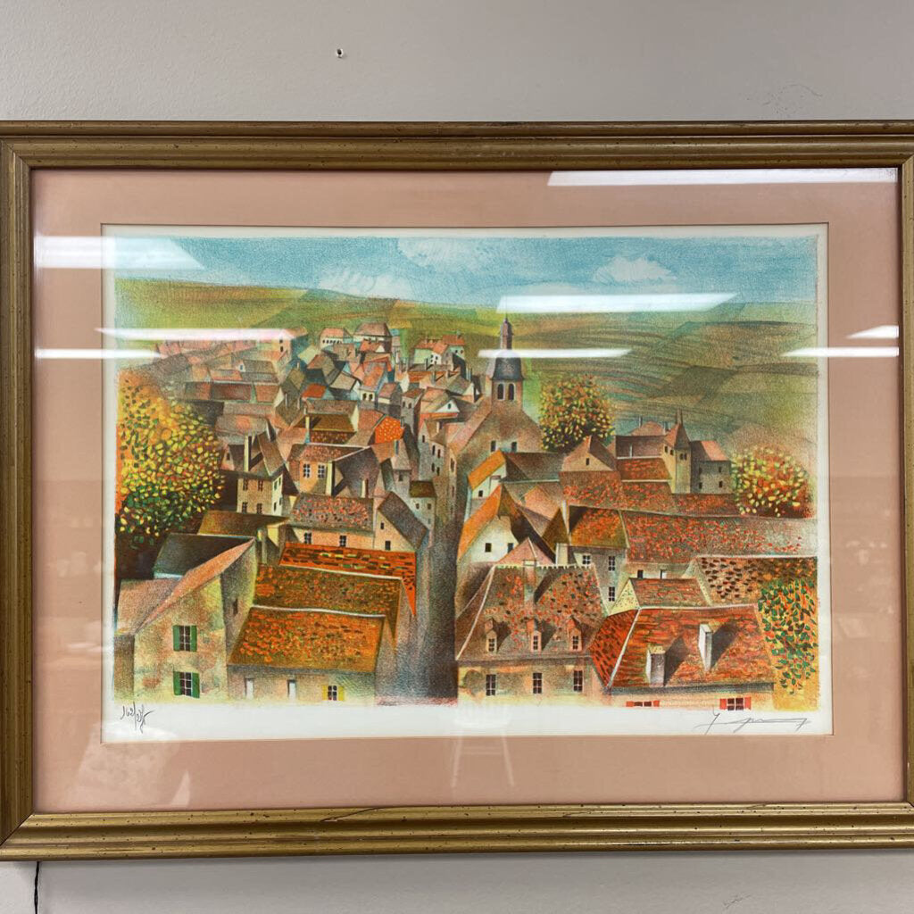 Lithograph signed by Claude Gosperrin, European Village, framed