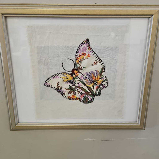 Embroidered Butterfly on Linen Framed Wall Art