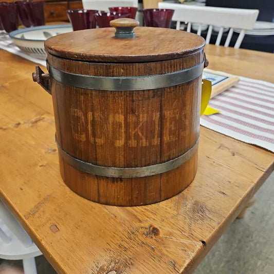 Vintage Wood and Metal Cookie Jar Firkin w/Lid