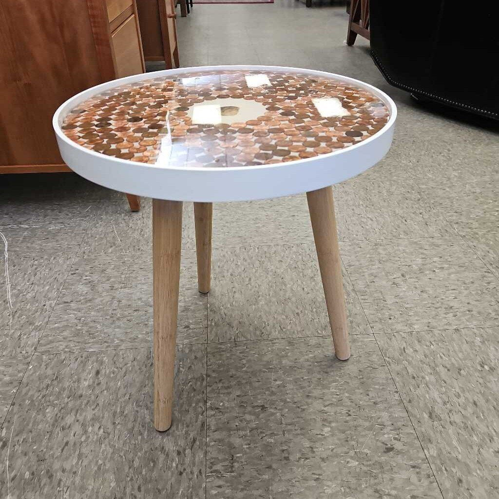 Unique Custom Side Table - Pennies and Shell w/Resin Finish