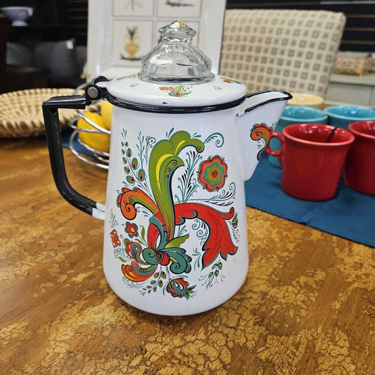 Vintage MCM Enamelware Teapot Kettle Pitcher w/Swedish Folk Art Design