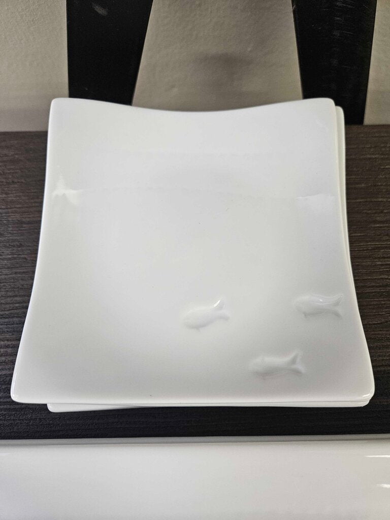 White Porcelain Crate & Barrel Fish Embossed Sushi & Appetizer Plate - Set of 4