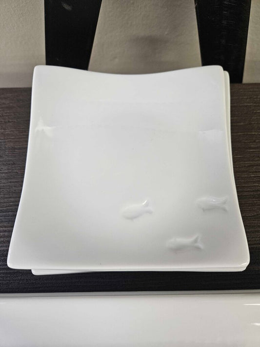 White Porcelain Crate & Barrel Fish Embossed Sushi & Appetizer Plate - Set of 4