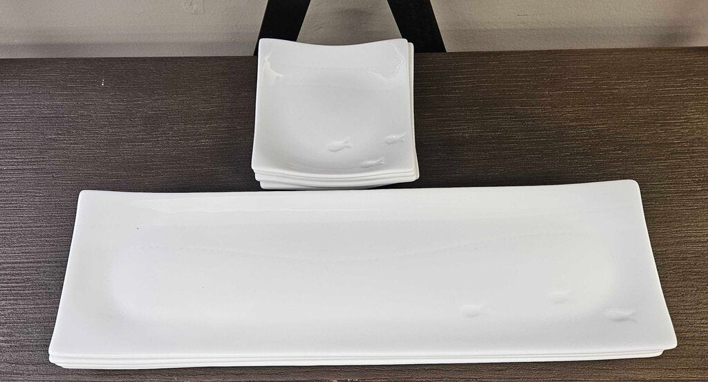 White Porcelain Crate & Barrel Fish Embossed Sushi & Appetizer Plate - Set of 4