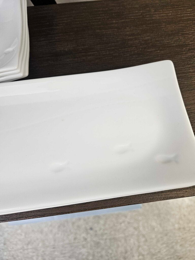 White Porcelain Crate & Barrel Fish Embossed Sushi & Appetizer Plate - Set of 4