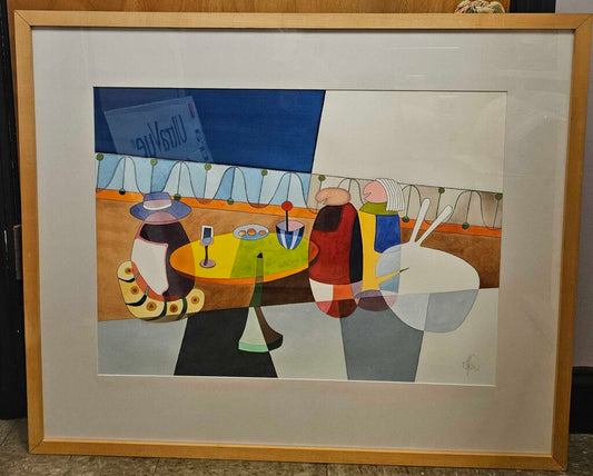 "Brunch at Sea" - Original Abstract Signed Watercolor on Paper - Artist Unknown