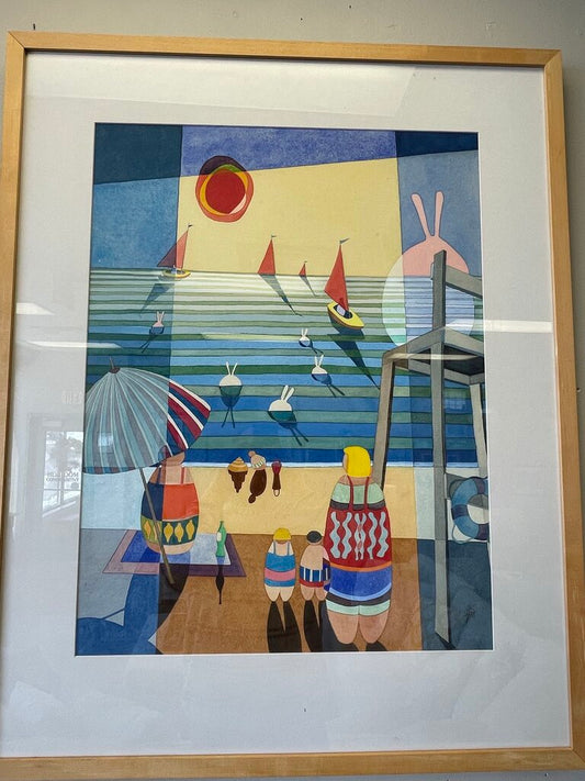 "Boat Watching" - Original Abstract Signed Watercolor on Paper - Artist Unknown