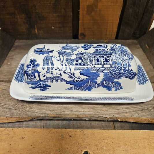 Churchill England Blue Willow Covered Butter Dish