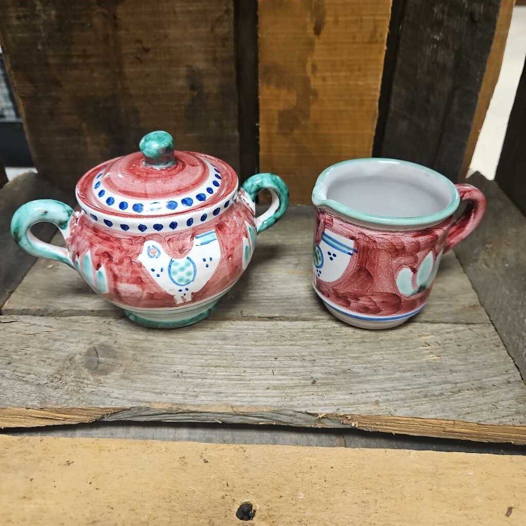 V. Pinto Vietri Italian Hand Painted Sugar Bowl & Creamer