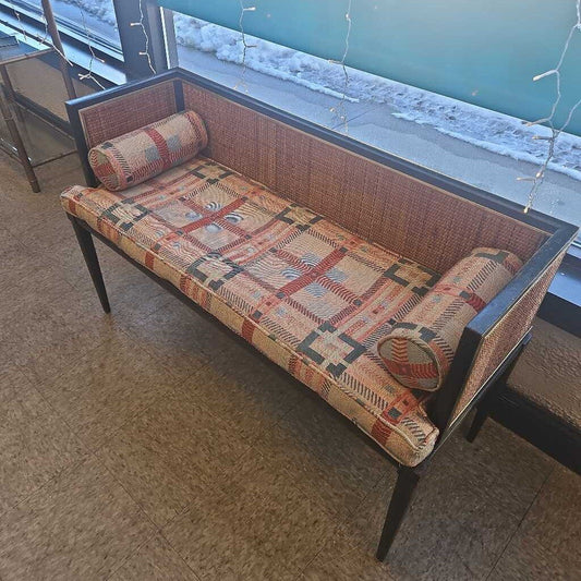Vintage Mid Century Modern Cane Settee Upholstered Bench