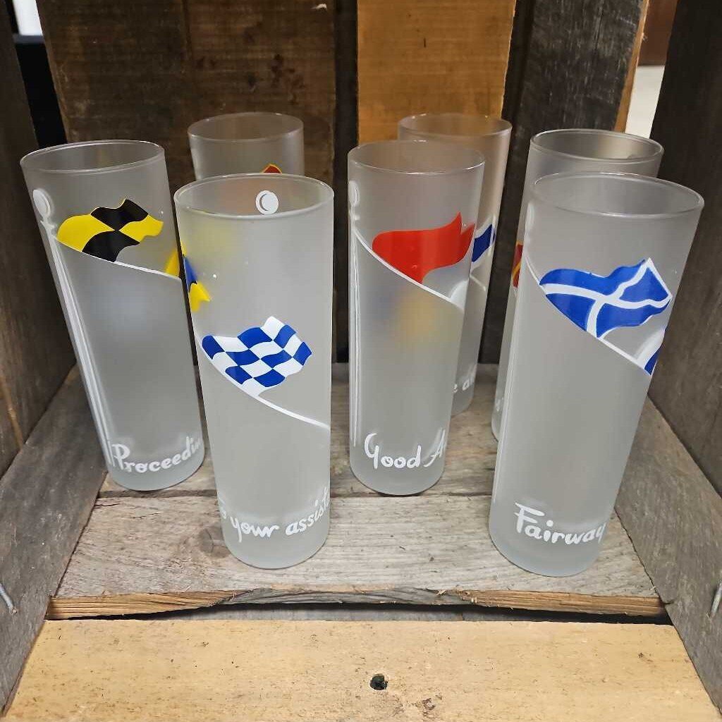 Vintage Libbey Nautical Sailing Flags Frosted Drinking Glasses - Set of 7