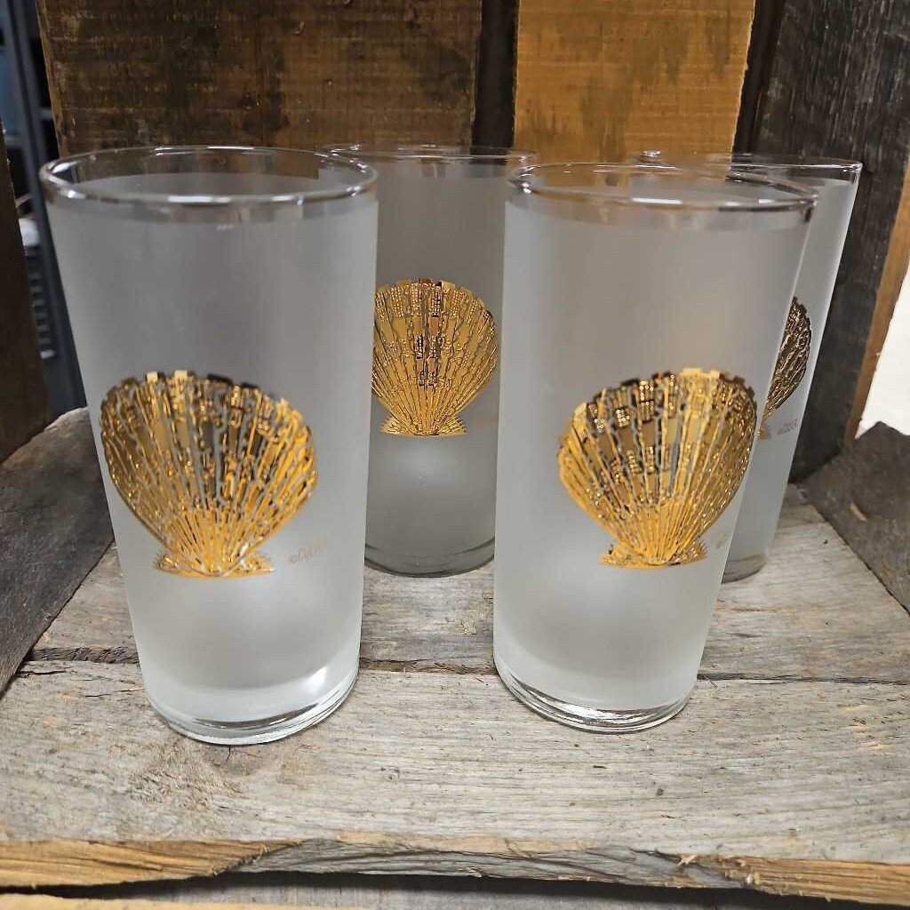 Culver Gold Embossed Frosted Seashell Glasses - Set of 4
