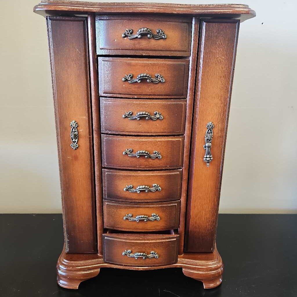 Vintage Wooden 6 Drawer Jewelry Armoire Chest
